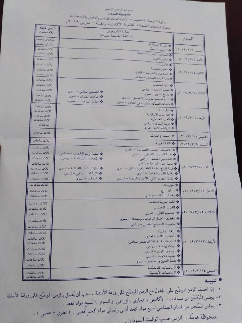 إدارة الإمتحانات تصدر جداول امتحان الشهادة السودانية موقع الأماتونج